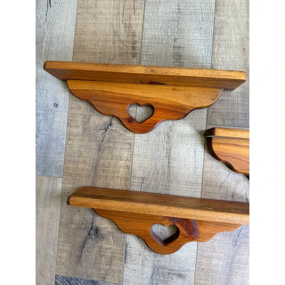 Vintage Solid Wood Heart Cutout Floating Wall Shelves Set of 3 Country Farmhouse